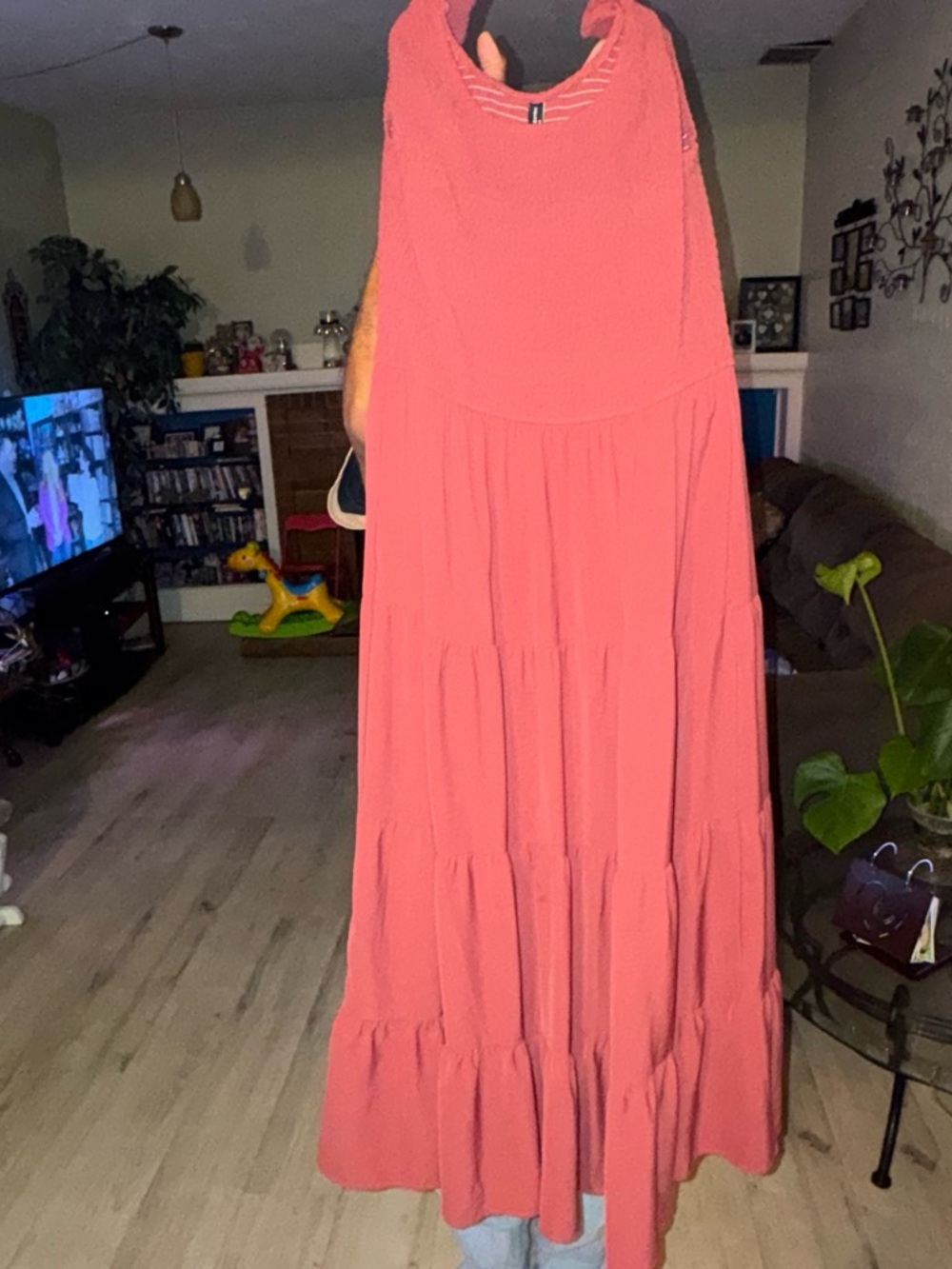 Women's Coral Tiered Maxi Dress with Smocked Bodice